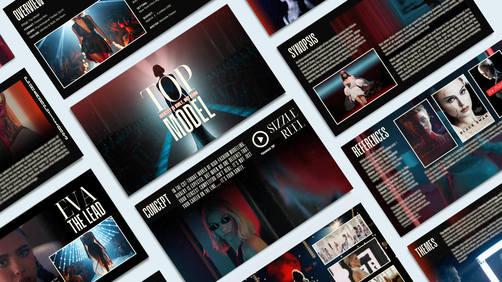 "Top Model" Pitch Deck Example Example of a film pitch deck — visually designed with compelling layout and copy to showcase story and project concept.
